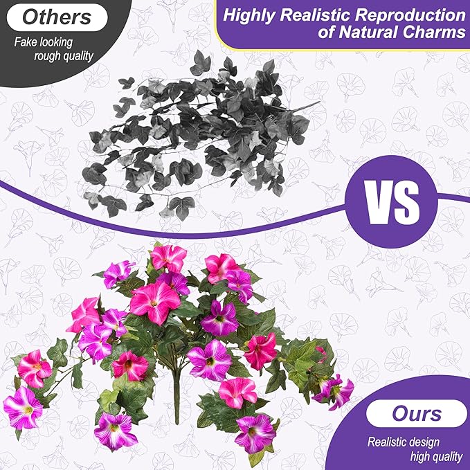 Ammyoo Artificial Hanging Fake Flowers with Basket Plants for Outdoor Decoration, Faux Silk Flower UV Resistant Morning Glory for Home Porch Patio Garden Balcony Yard Look Real (Fuchsia Lotus)