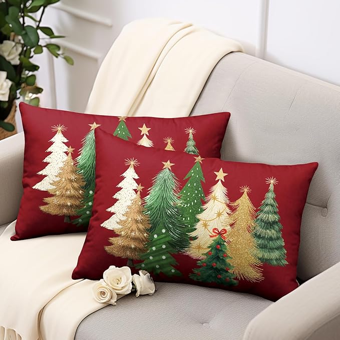 Red Christmas Lumbar Pillow Covers 12x20 Set of 2 Gold Green Xmas Tree Pillow Case Winter Holiday Throw Pillow Covers Rectangular Decorative Cushion Case for Couch Sofa