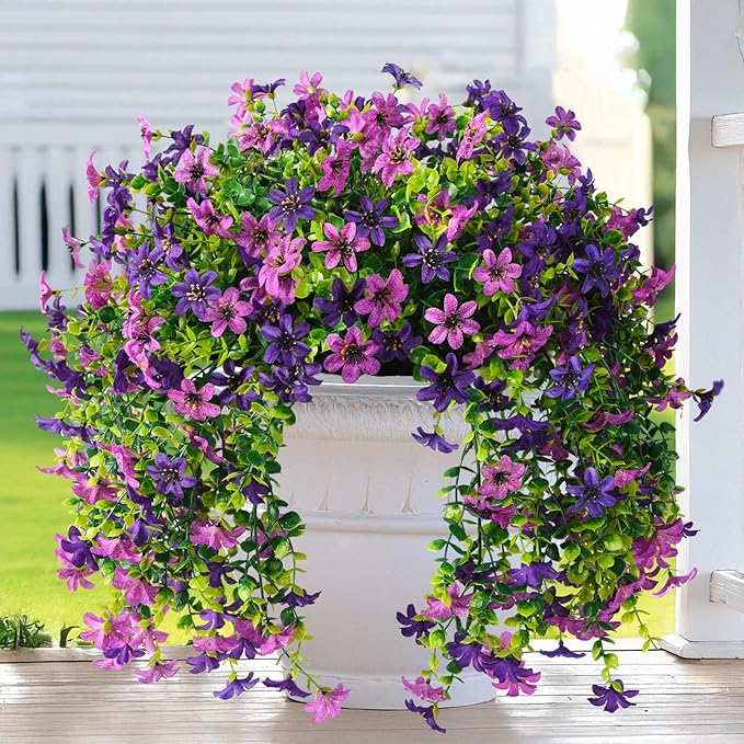 Homsunny Artificial Fake Hanging Flowers Plants for Outdoor Spring Decoration, 2 PCS Faux Silk Flower Outside Planter UV Resistant Look Real for Front Patio Porch Home Decor (Double Purple)
