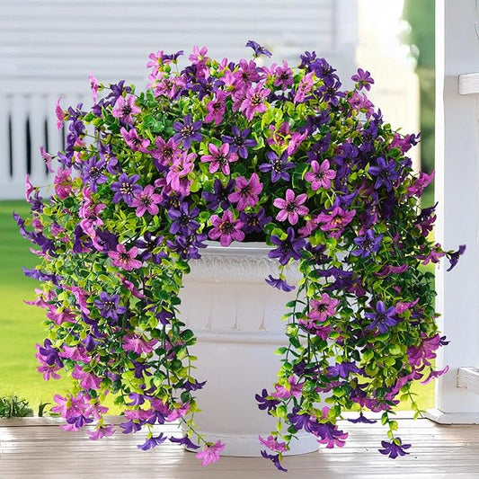 Homsunny Artificial Fake Hanging Flowers Plants for Outdoor Spring Decoration, 2 PCS Faux Silk Flower Outside Planter UV Resistant Look Real for Front Patio Porch Home Decor (Double Purple)