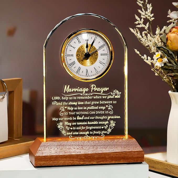 Glass Clock Wedding Gifts for Couples 2026 with Wooden Light Base, Happy Anniversary Marriage Prayer Gift with Inspiring Quotes, Unique Newlywed Mr and Mrs Gifts, Engagement Presents for Home