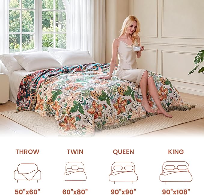 MSGKV Boho Throw Blanket for Couch Chair 100% Cotton Embroidery Floral Blanket 50"x60" Sofa Blankets for All Seasons Lightweight Farmhouse Muslin Summer Breathable Bed Blankets Home Decor