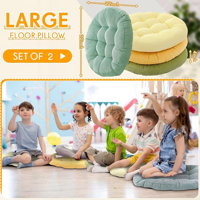 Jerify 4 Pcs Floor Pillow Cushions Large Round Square Large Meditation Floor Pillow for Classroom Adult Meditation Picnic Party Seating Learning Daycare School (Round,Yellow-Green)