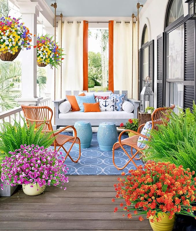 Ouddy Decor 12 Bundles Artificial Flowers for Outdoors UV Resistant Fake Plastic Plants Faux Boston Fern Greenery Stems for Spring Summer Indoor Garden Patio Window Box Kitchen Home Decor, Mixedcolor