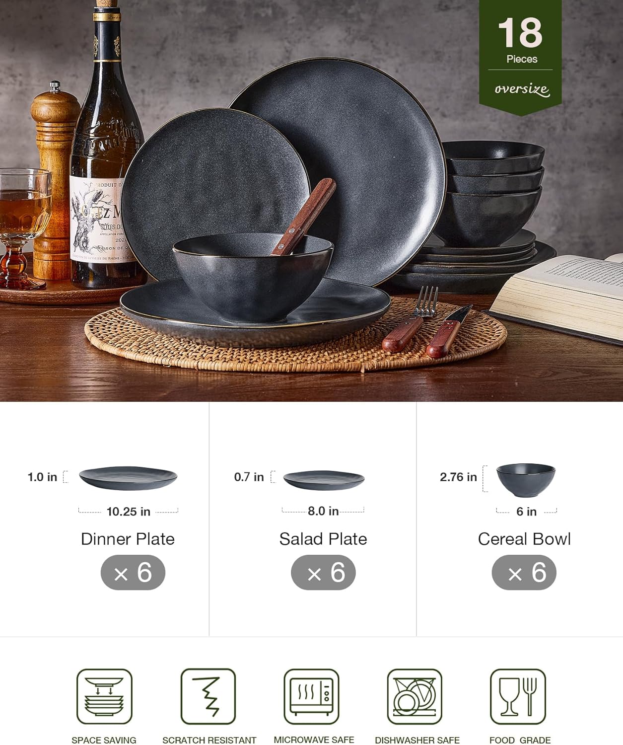 Famiware Dinnerware Sets for 6, Ocean Round 18-Piece Kitchen Plates and Bowls Sets, Microwave and Dishwasher Safe, Scratch Resistant, Matte Black