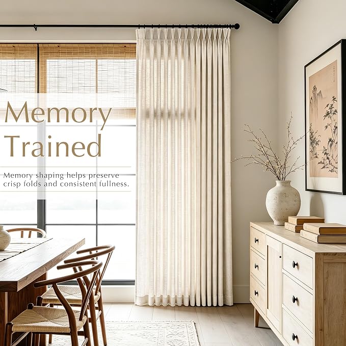 Beige Pinch Pleated Linen Curtains 108 inch Length 2 Panels for Living Room Light Filtering Triple Pleat Curtain Memory Trained FarmhouseNeutral Earthy Thick Flax Linen Drapes 108 inch Long Apricot