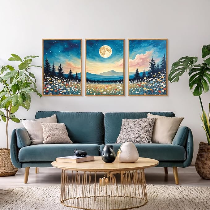 HOURIA 3Pcs Nature Mountain Forest Landscape Canvas Wall Art (16"x24"), Abstract Mystical Moonlight Wildflowers Wall Decor,Framed Colorful Wilderness Field Botanical Art Print for Bedroom Office Living Room Farmhouse