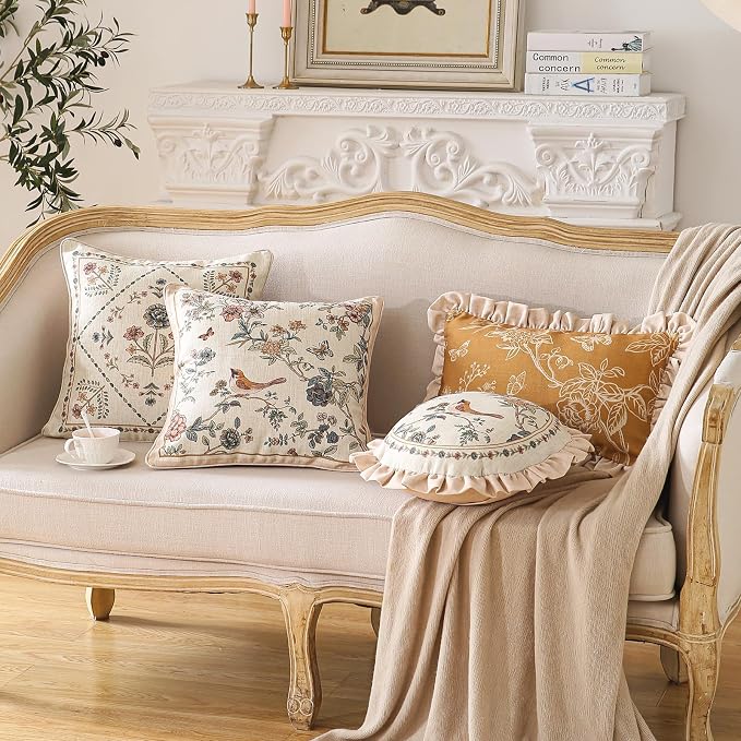 ISAENNE Vintage Linen Throw Pillow Cover,Set of 2,Diameter 16"-Cornucopia A | Designer Elegant French Round Pillow Cover,Concealed Zipper Design,Floral Pattern,Sofas,Bedroom,Living Room,Lounge Chairs