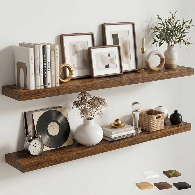 55 Inch Floating Shelves for Wall, 8"D Wood Storage Shelves, Brown Finish | Engineered Wood, Invisible Bracket, Large Storage, Easy Install, Hold Up to 88lbs, Living Room, Bathroom, Bedroom, Kitchen
