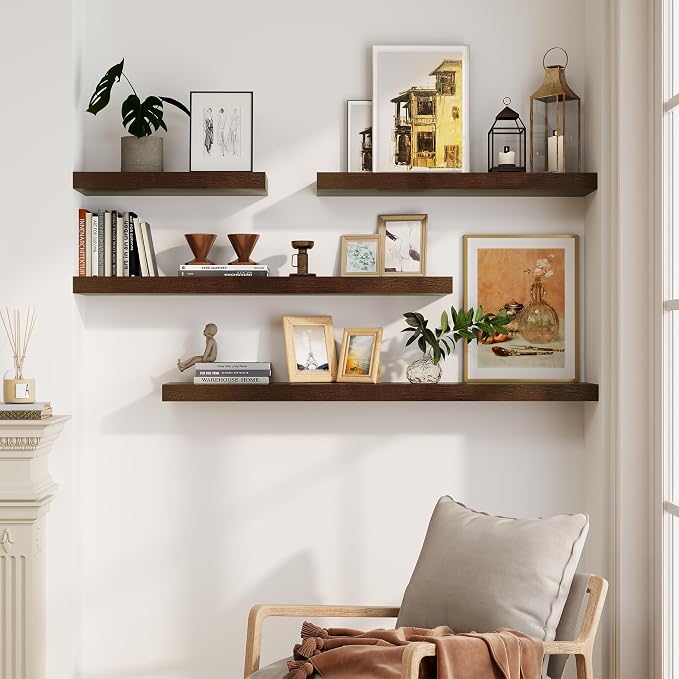 Marsmiles Solid Wood Floating Shelves for Wall, 36”W x 9”D x 1.56”H Large Wall Shelves for Living Room Bedroom Bathroom Kitchen Drcor Storage with Invisible Heavy-Duty Metal Bracket, Walnut, Set of 2