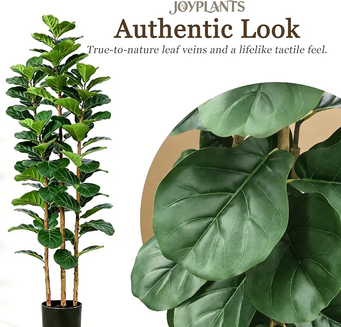 6ft Fake Fiddle Leaf Fig Tree, Realistic Fake Plants with Natural-Looking Trunk, Evergreen Faux Plants Indoor for Home & Office Decor（3 Poles, Black Pot）