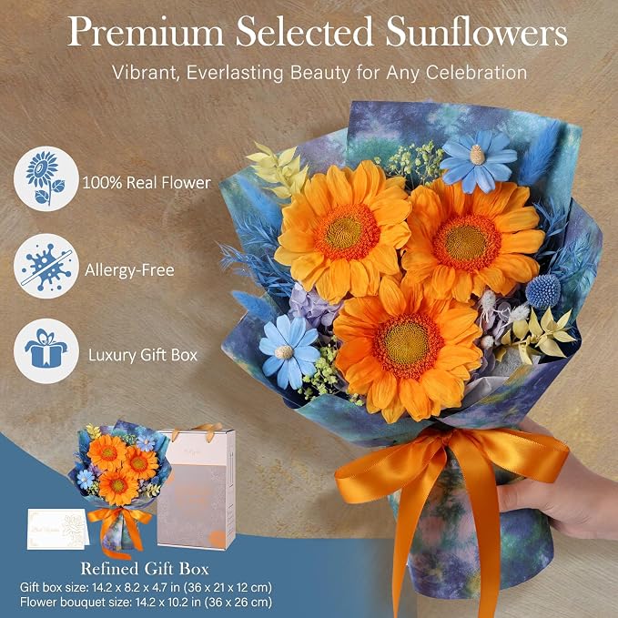 Forever Flowers for Delivery - Preserved Sunflowers Bouquet, Green Sunflowers that Last 3 Years, Eternal Flowers Bouquet, for Mom Grandma Wife, Anniversary Birthday Gifts for Women