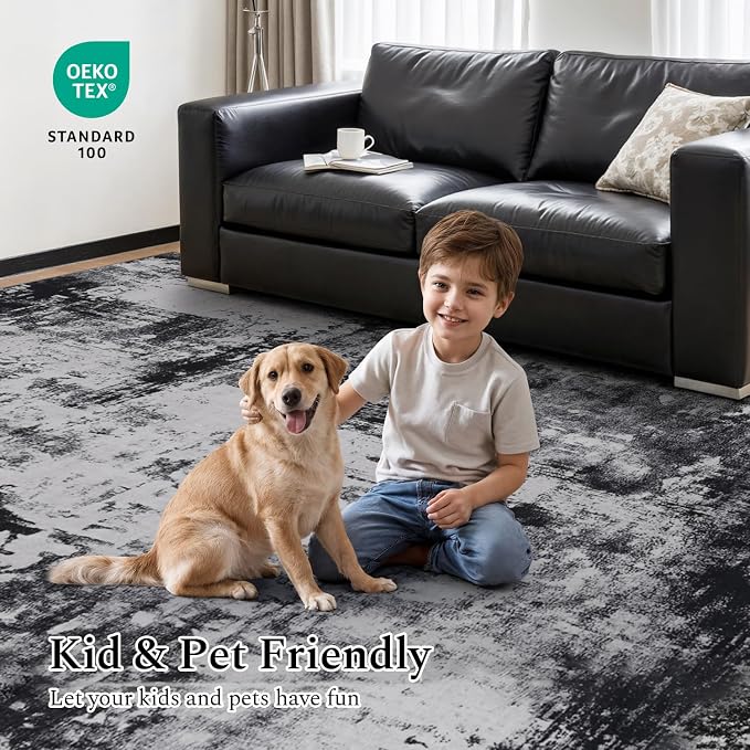 Rugflix 2x6 Runner Rug for Entryway, Kitchen Rugs Soft Non-Slip Washable Runners for Hallway, Abstract Small Carpet with Non-Slip Backing for Bedroom, Living Room, Black Grey