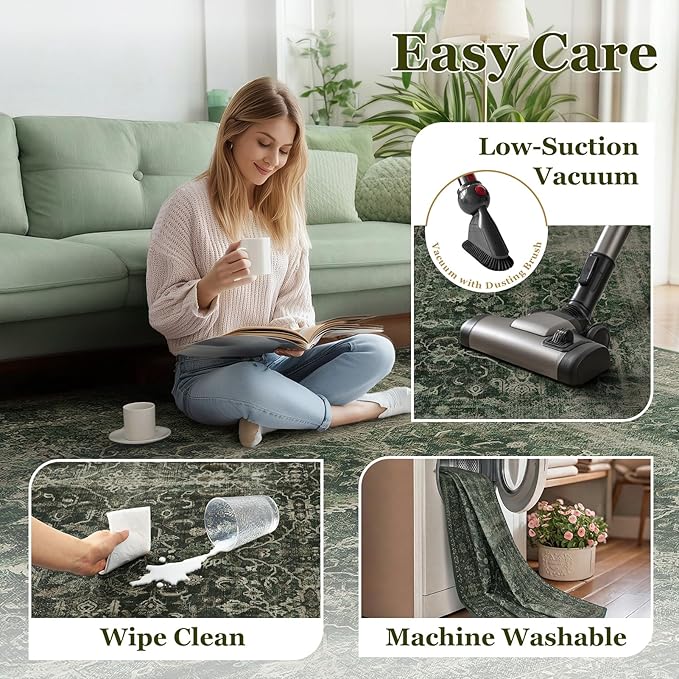 Dark Green 9x12 Large Area Rug for Living Room, Washable Low Pile Rug for Dining Room Under Table, Non Slip Thin Big Carpet Rugs for Bedroom, Moody Green with Brown Accents