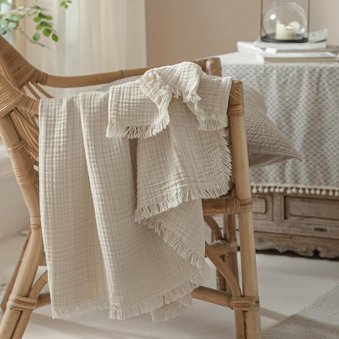 Muslin Fringe Blankets for Adults: 100% Cotton Cloud Soft | 4-Layer Gauze Breathable Lightweight All Season Throw Blanket for Bed Couch Sofa Office
