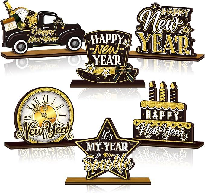 Cinnvoice 6 Pcs Happy New Year Table Decorations Wooden Table Centerpieces Rustic Wood Tabletop Sign Decorations for Home Kitchen Office Farmhouse Desk Shelves Party Tiered Tray Decor