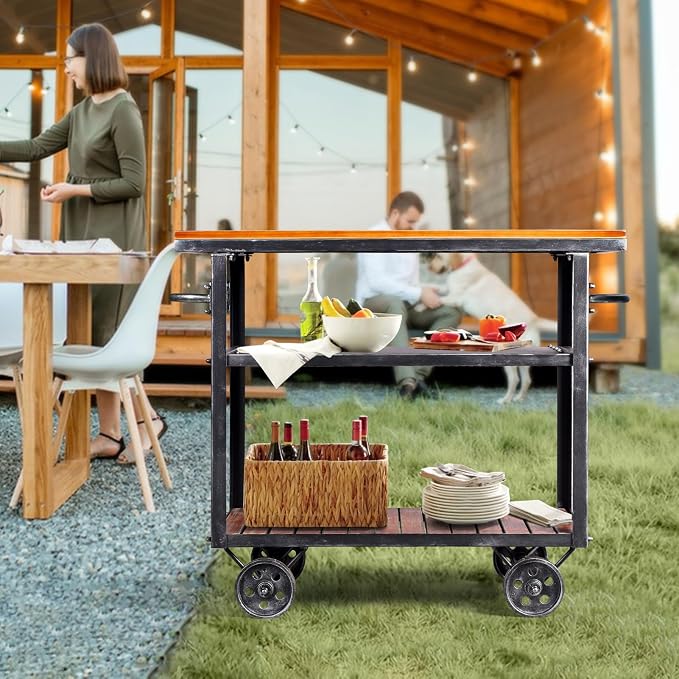 LOKKHAN Rolling Bar Cart with Handle [3 Tier] Home Kitchen Microwave Cart Island On Wheels, Mobile Serving Cart Beverage Cart, Coffee Station (Metal/Wood, Industrial Black/Rustic Brown)