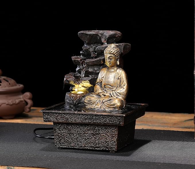 Tabletop Water Fountain Buddha Statue Desktop Indoor Waterfall Fountain Tabletop Humidifiers Home Decoration for Office, Living Room, or Bedroom