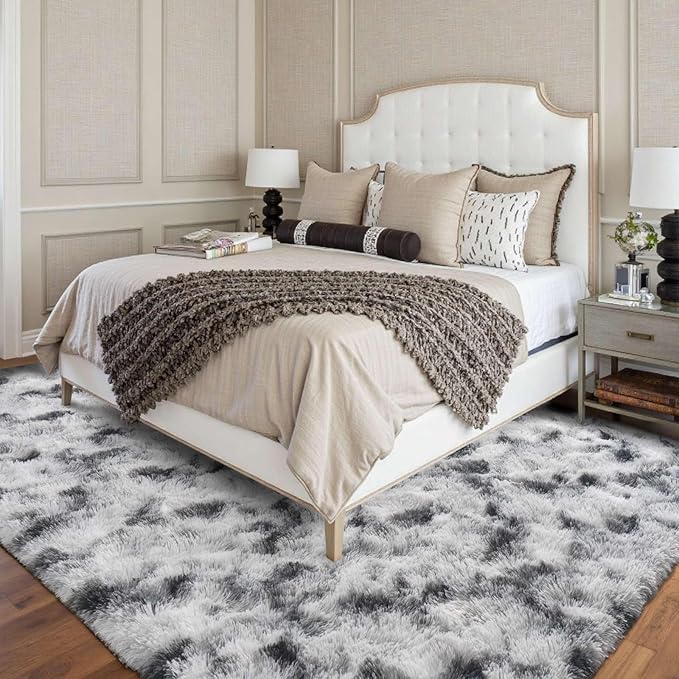 FinRèc 8x10 Rugs for Living Room Bedroom, Black and White Fluffy Shaggy Area Rug, Non-Slip Soft Shag Rug for Nursery Kids Room Dorm Room Home Decor, Indoor Plush Floor Carpet