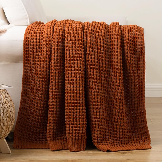 Bunnikins & Clover Knitted Waffle Blanket Throw, Fall Throw Blanket for Home Decoration, Caramel Throw Blanket for Couch, 60"x80"