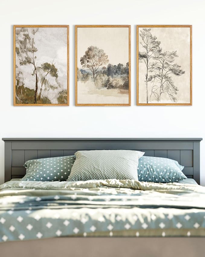 UPWOIGH Neutral Landscape Framed Wall Art, 16 x 24 Inch, Set of 3 | Muted Tree and Countryside Prints, Soft Beige and Gray Tones, Light Wood Frames for Bedroom, Office and Living Room