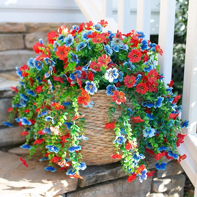 Artificial Faux Hanging Flowers Plants for Spring Outdoor Outside Decoration, 2 PCS Fake Silk Daisy with Eucalyptus UV Resistant Realistic Trailing Vines for Balcony Patio Porch (BlueRed)