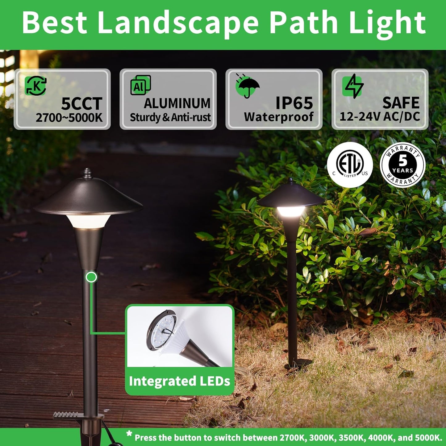 Outdoor Pathway Lights Wired 12V, 2700K/3000K/3500K/4000K/5000K Selectable Landscape Path Light LED, Waterproof Walkway Fixture Mushroom, ORB Aluminum for All Weather Garden Yard (8 Pack)