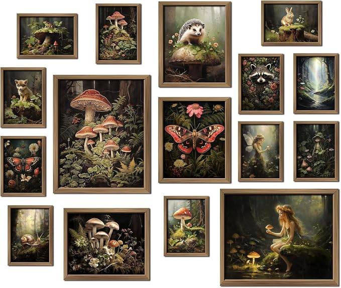 ANERZA 16 PCS Framed Dark Cottagecore Wall Art Decor, Cottage Core Wall Prints for Bedroom, Gallery Wall Frame Set, Fairycore Posters for Living Room Aesthetic, Nature Forest Mushroom Dorm Home Decor