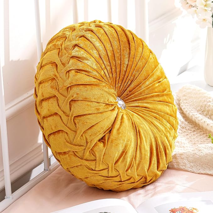 Drydiet 1 Pcs Round Throw Velvet Pillows Decorative Pleated Throw Pillows Diameter Accent Pumpkin Boho Chair Cushion for Couch Sofa Home Decoration (Velvet Gold,15'')