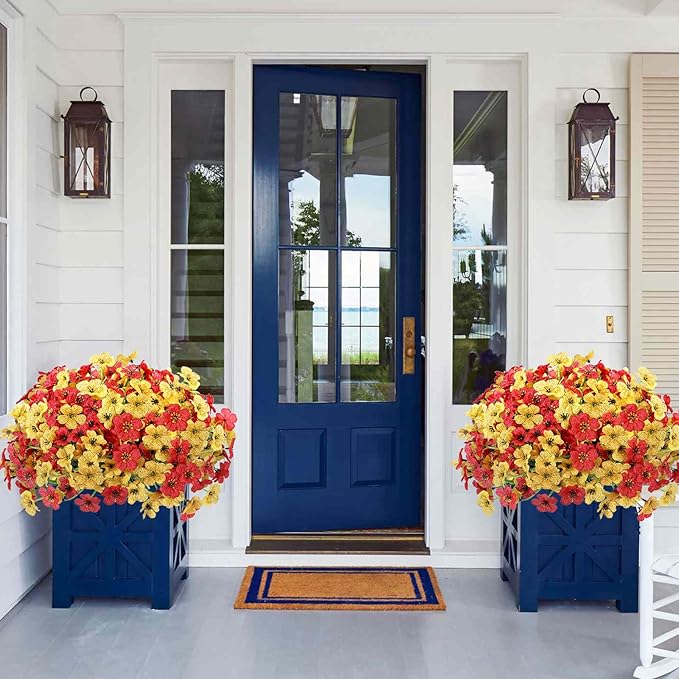 Geegoods Artificial Mums Flowers for Outdoors, 16 Bundles UV Resistant Fake Plastic Red and Yellow Flowers for Patio Porch Spring Summer Decor