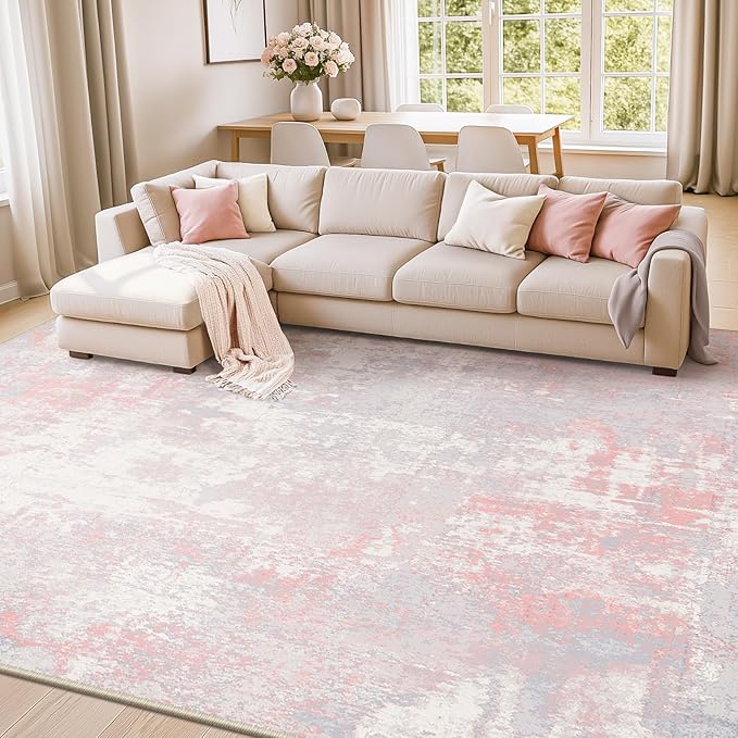RELEANY Washable Area Rugs 10'x14' Non-Slip Modern Abstract Soft for Living Room Entryway Bedroom Nursery, Print Pattern, Grey Pink