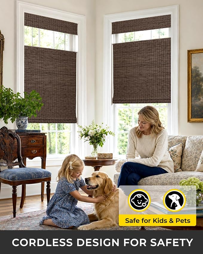 UNISHADES No Drill Cordless Bamboo Roman Shades, 35.5×64 in, Espresso | Room Darkening Top Down Bottom Up Window Blinds for Indoor Windows