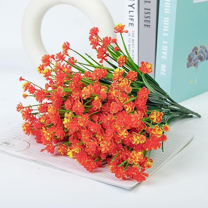Ouddy Decor 12 Bundles Artificial Flowers for Outdoors UV Resistant Fake Plastic Plants Faux Greenery Stems for Spring Summer Indoor Garden Patio Window Box Kitchen Home Decor, Orange