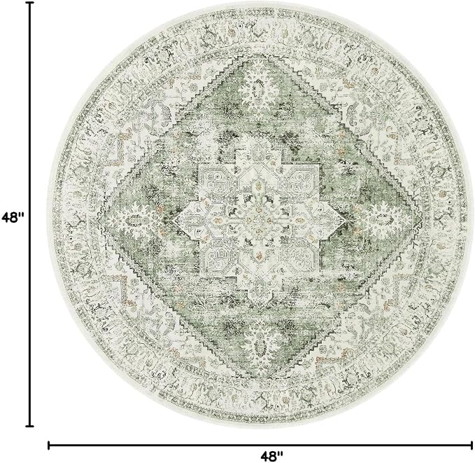 LIVEBOX Sage Green Round Rug 4ft, Vintage Tribal Circle Rugs for Entryway Foyer, Low-Pile Oriental Retro Rugs for Living Room, Stain Resistant Medallion Circular Rug for Bedroom