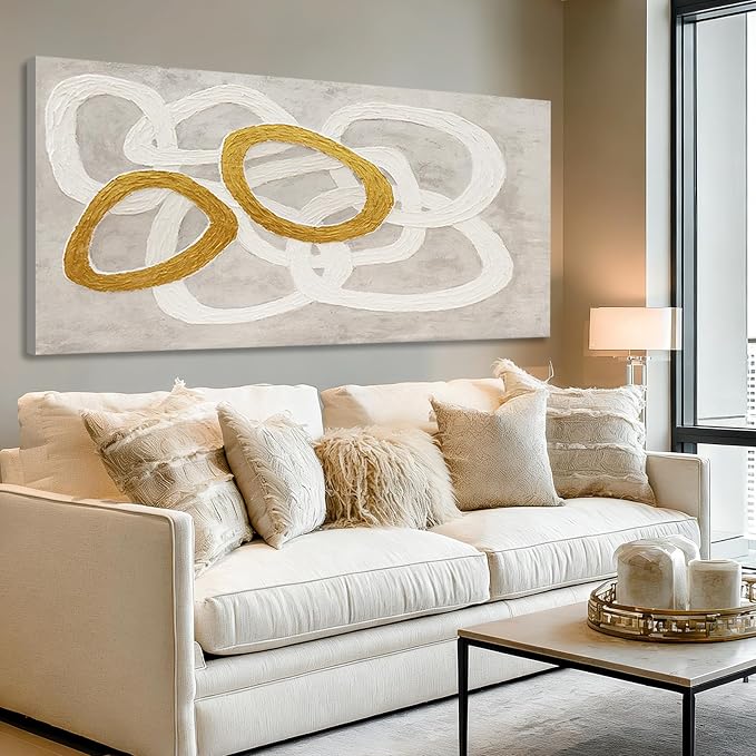 Dolidoteart Canvas Wall Art, Beige White Gold Abstract Wall Art Print, Hand-Painted Style Horizontal Artwork for Living Room Bedroom Office, 24x48 Inch