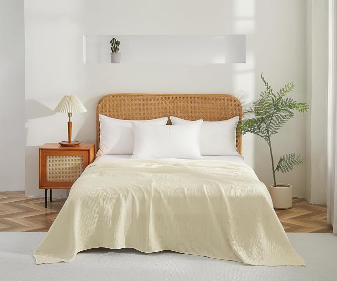 100% Cotton Muslin Throw XL Blanket (50" x 70") – A Luxuriously Soft, 4-Layer Lightweight and Breathable Gauze Blanket, Perfect for Year-Round use on beds, couches (Ivory, Throw XL)