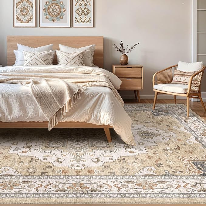 7x9 Area Rug Living Room: Washable Boho Large Neutral Vintage Soft Rug Stain Resistant Farmhouse Non-Slip Indoor Floor Retro Carpet for Bedroom Nursery Kids Office Dining Room- Sand Gray
