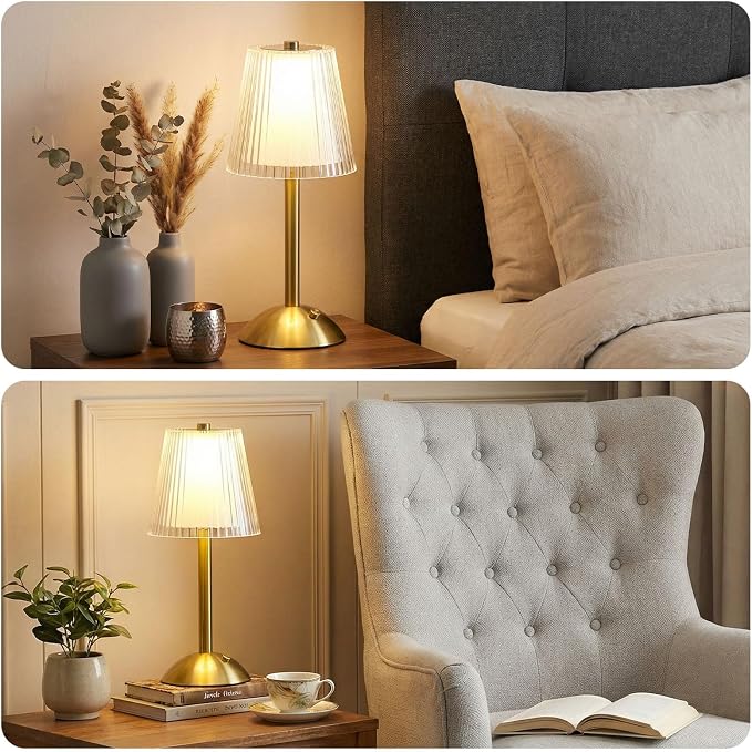 Liliful 4 Pcs Cordless Table Lamp Rechargeable Touch LED Small Gold Portable Battery Operated USB-c Desk Lamp 3 Color Dimmable for Bedroom Living Room Dining (Gold,Hollow Lined Style)