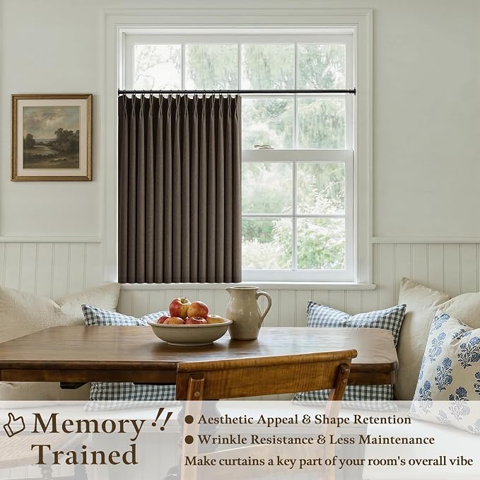 36 Inch Pleated Linen Curtains 36 Inch Length 2 Panel Set Memory Trained Pinch Pleated Privacy Semi Sheer Light Filtering Short Kitchen Window Curtain Thick Dark Brown Mini Cafe Small Drapes