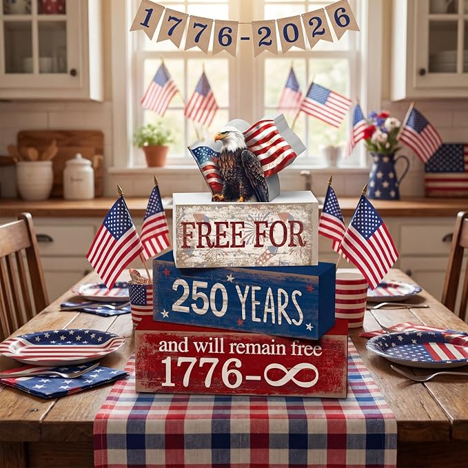 CroBlissful 4 Pcs 250th Anniversary 4th of July Decorations Patriotic Memorial Day Tabletop Decorations America Eagle Red White Blue Table Centerpieces USA Sign for Office Tiered Tray Home Shelf