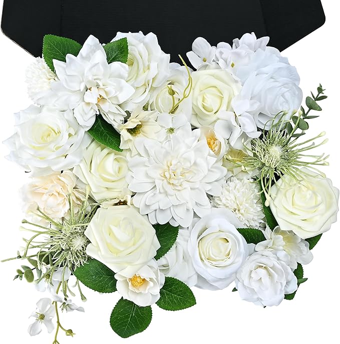 Artificial Flowers Combo Box, 35PCS Fake Flowers, Silk Flower Mix with Wire Stem, DIY Wedding Bridal Bouquet for Arrangement, Shower Party Home Décor, Ivory White Garden Mix