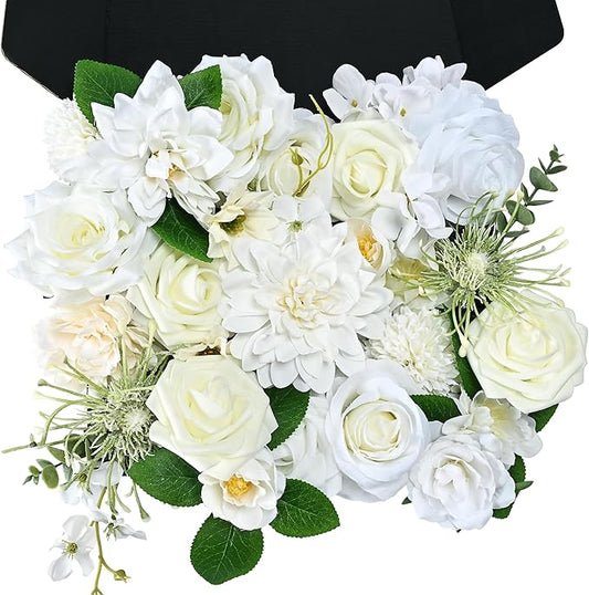 Artificial Flowers Combo Box, 35PCS Fake Flowers, Silk Flower Mix with Wire Stem, DIY Wedding Bridal Bouquet for Arrangement, Shower Party Home Décor, Ivory White Garden Mix
