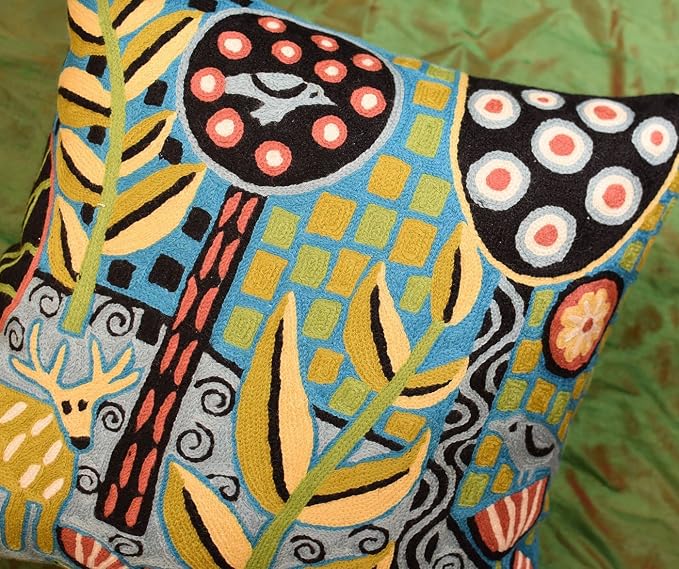 Turquoise Tree of Life Throw Pillow Cover Karla Gerard Plant Pillowcase Deer Design Cushion Green Teal Flower Animal Face Cushion Flower Pillowsham Hand Embroidered Wool 18x18 Inch