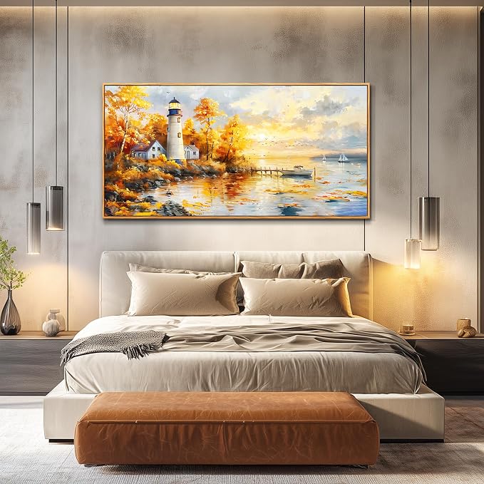 XIGUANGART Coastal Wall Art,Beach Pictures Wall Art,Lighthouse Landscape Canvas Painting,Sailboat Ocean Wall Decor, Nautical Large Framed Artwork for Living Room Bedroom Office Home Decoration 24X48