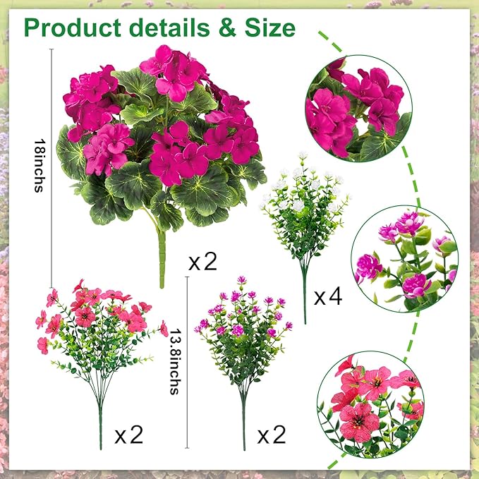 Ouddy Decor 18'' Artificial Geraniums Flowers for Outdoors, 10 Bundles Mixed Fake Silk Flowers Plastic Plants UV Resistant for Summer Garden Porch Patio Planter Home Decor, Fuchsia