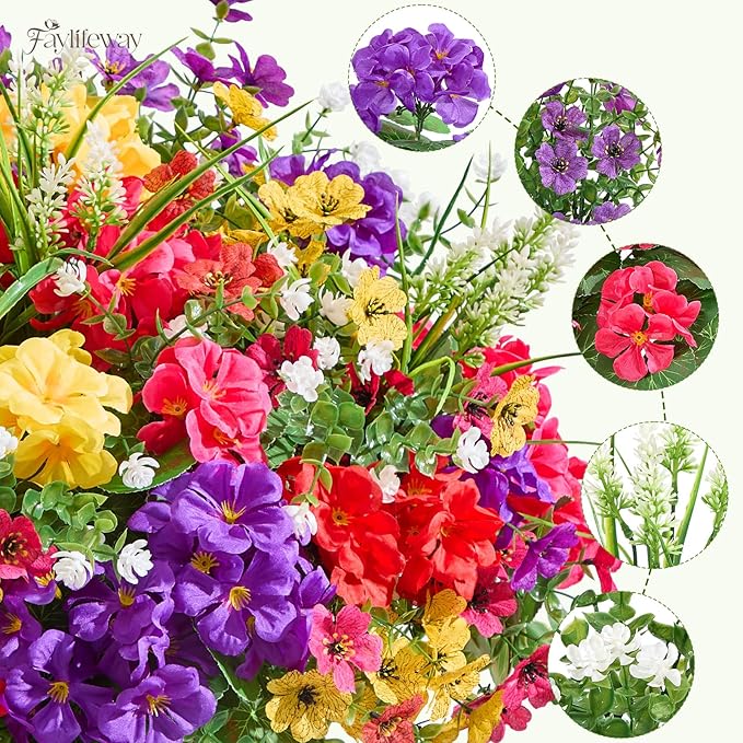 16 Bundles Artificial Flowers for Outdoors, UV Resistant Silk Faux Flowers for Outside Planters,Garden,Porch,Yard,Home Decor(Mixed Color)