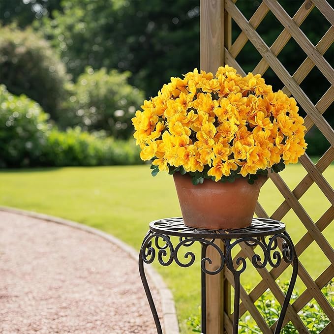 16 Bundles Artificial Flowers for Front Door, Fake Silk Azalea Bouquet Silk Flowers for Outside UV Resistant Realistic Faux Plants for Planter Farmhouse Patio Garden Walkways Home Decor (Yellow)