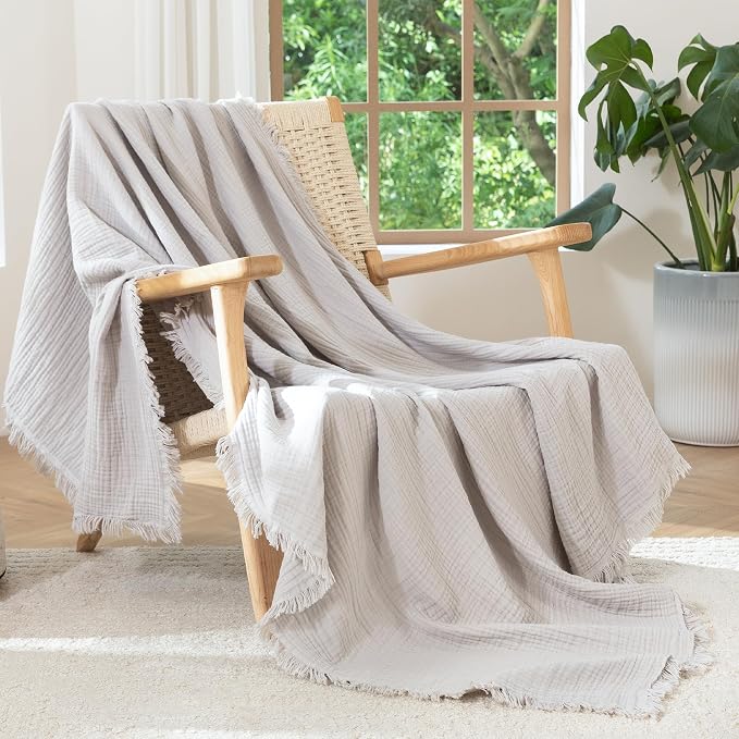 MooMee Muslin Blanket - 100% Cotton 4-Layer Gauze Throw Blanket with All-Around Fringe, Soft Breathable Lightweight Cooling Summer Blankets for Bed Couch (Light Grey,Throw 60" x 50")
