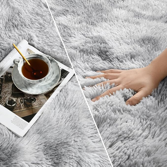 Deerhoo Large Shag Area Rugs 8 x 10, Tie-Dyed Plush Fuzzy Rugs for Living Room, Ultra Soft Fluffy Furry Rug for Bedroom, Indoor Carpet Nursery Rugs for Kids Room Home Decor, Light Grey