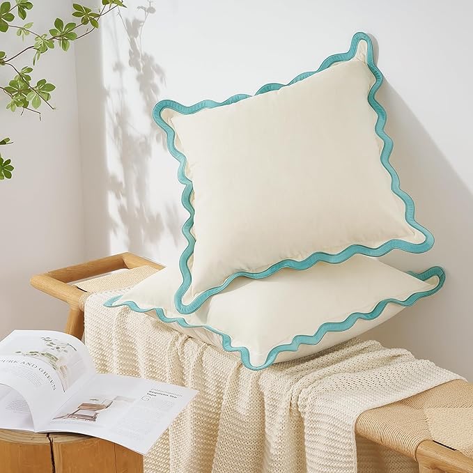 MONDAY MOOSE Decorative Throw Pillow Covers Cushion Cases, Set of 2 Soft Velvet Scalloped Wavy Edge Designs, Mix and Match for Home Decor, Pillow Inserts Not Included (16x16 inch, White/Light Blue)
